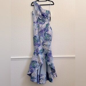 Rickie Freeman for Teri Jon lilac high low metallic jacquard gown size 2